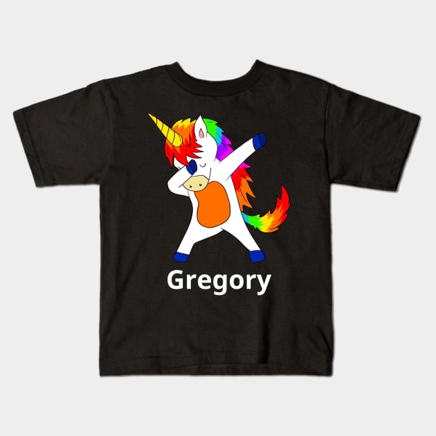 Gregory First Name Personalized Dabbing Unicorn Kids T-Shirt by chuhe86